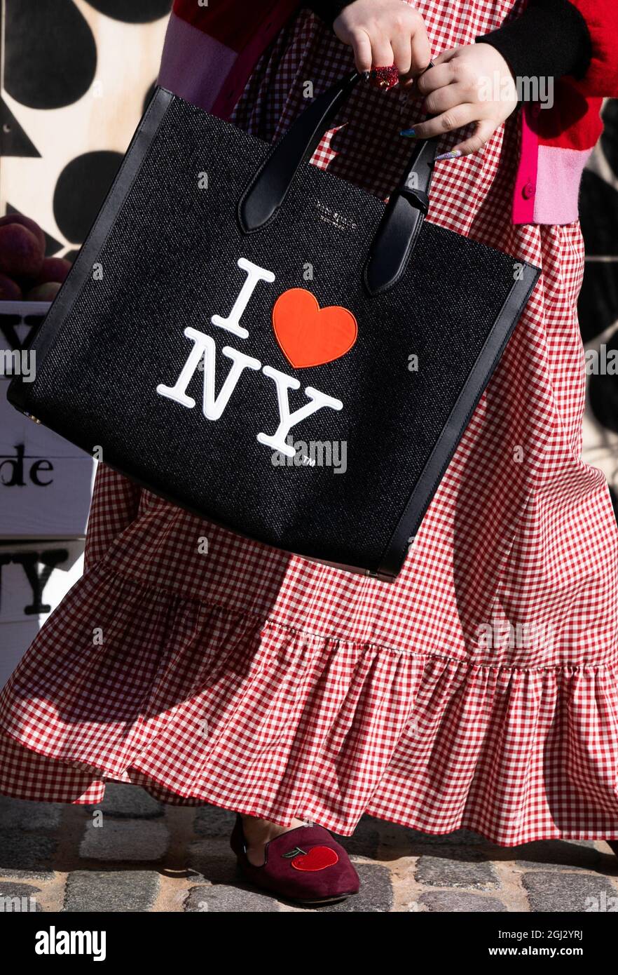 A purse from Kate Spade's Fall 2021 limited-edition I Love NY capsule  collection is seen at the Kate Spade New York Fashion Week installation in  Manhattan, New York City, ., September 8,