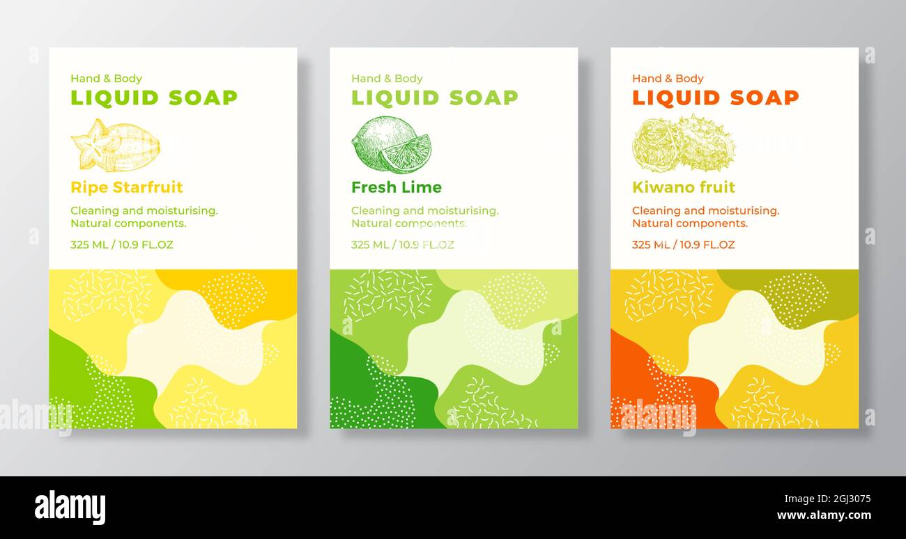 Liquid Soap Label Templates Set. Abstract Shapes Camo Background Vector