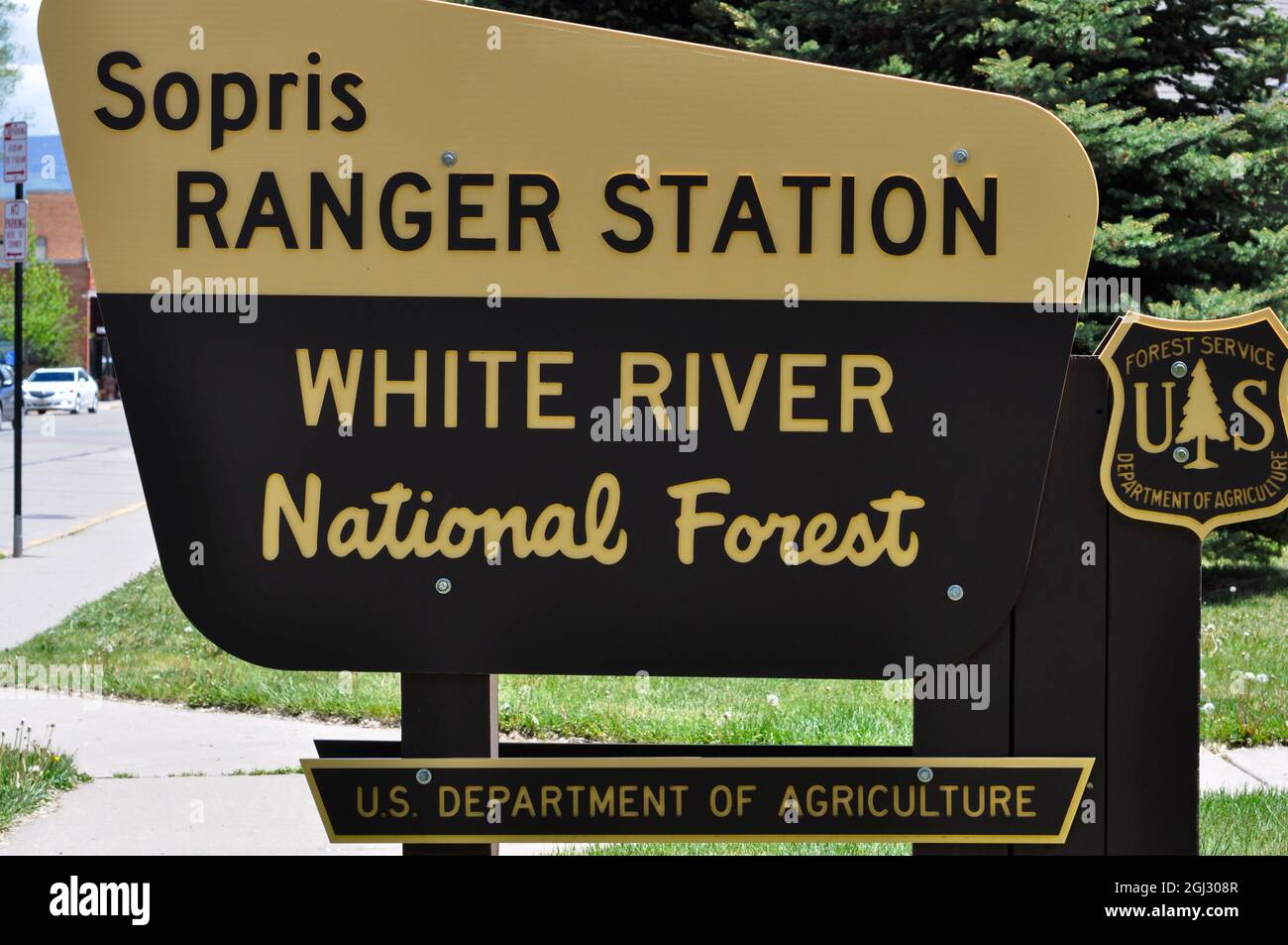 Brown and yellow U.S. Forest Service sign for the Sopris Ranger Station White River National Forest in Colorado, USA. Stock Photo