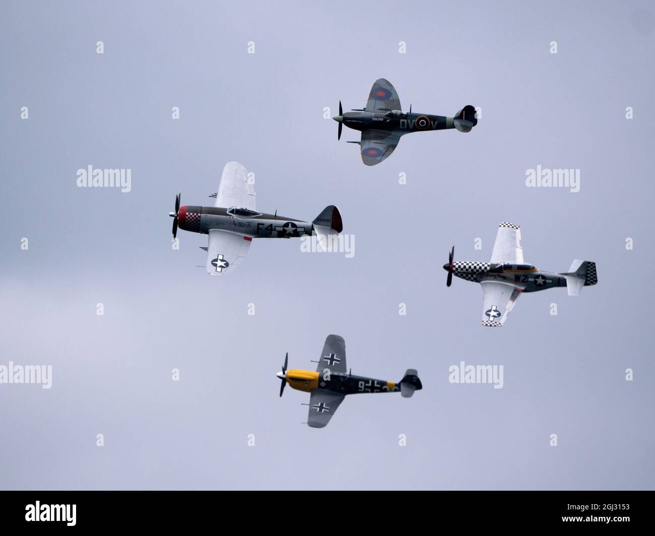 Close formation flight at Bournemouth Air Festival of the Buchon, Supermarine Spitfire, P-47D Thunderbolt 'Nellie' and TF-51D Mustang 'Contrary Mary'. Stock Photo