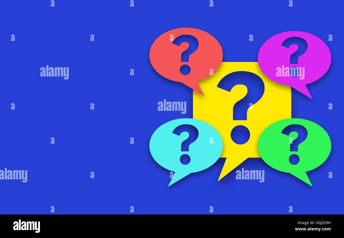 Question mark on speech bubble. Colorful bubbles with question mark in Royal Blue Background with copy Space. Stock Photo