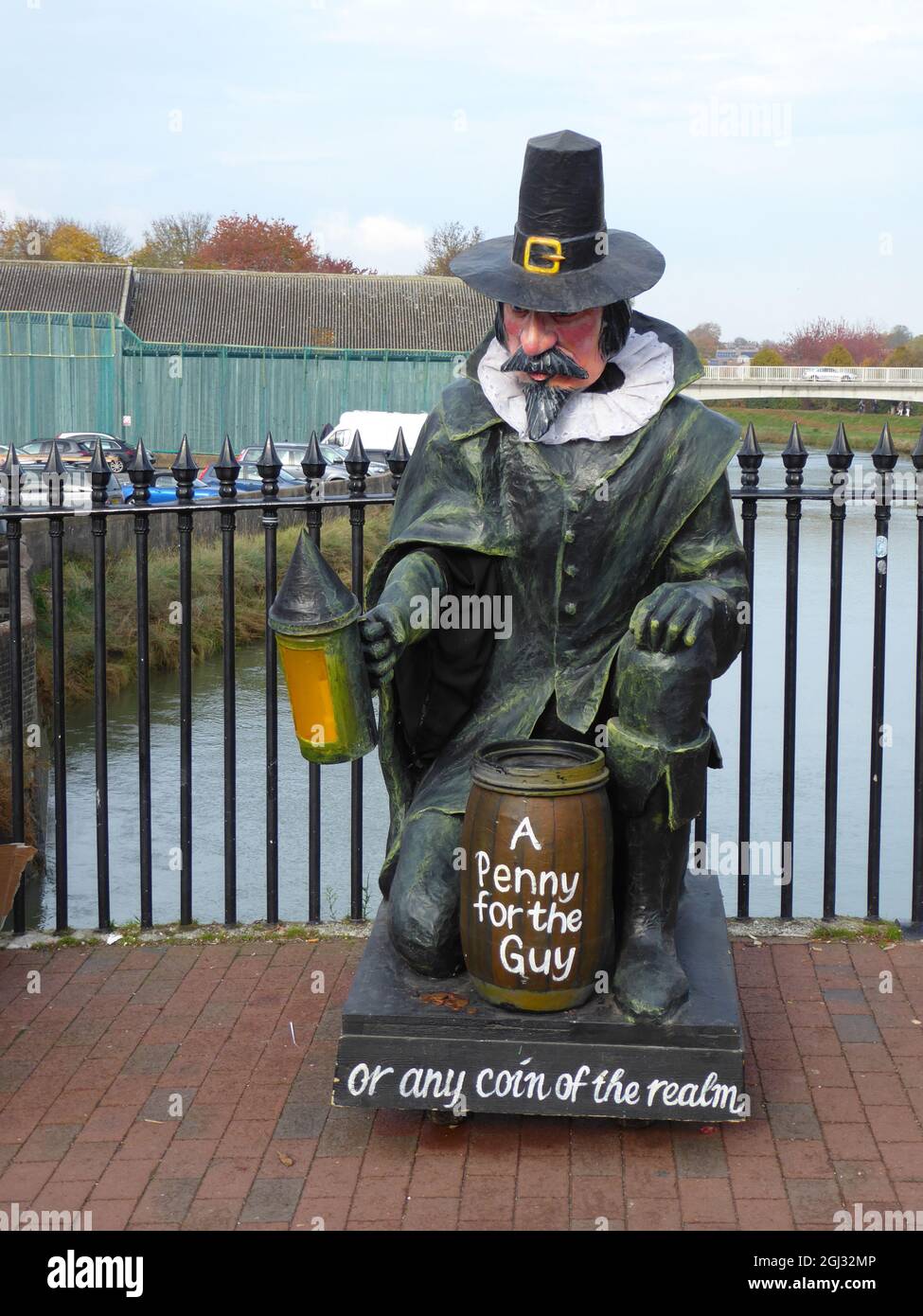 LEWE, UNITED KINGDOM - Jul 15, 2019: Effigy of Guy Fawkes in Lewes town centre saying A Penny For the Guy to collect money for a Bonfire Society towar Stock Photo