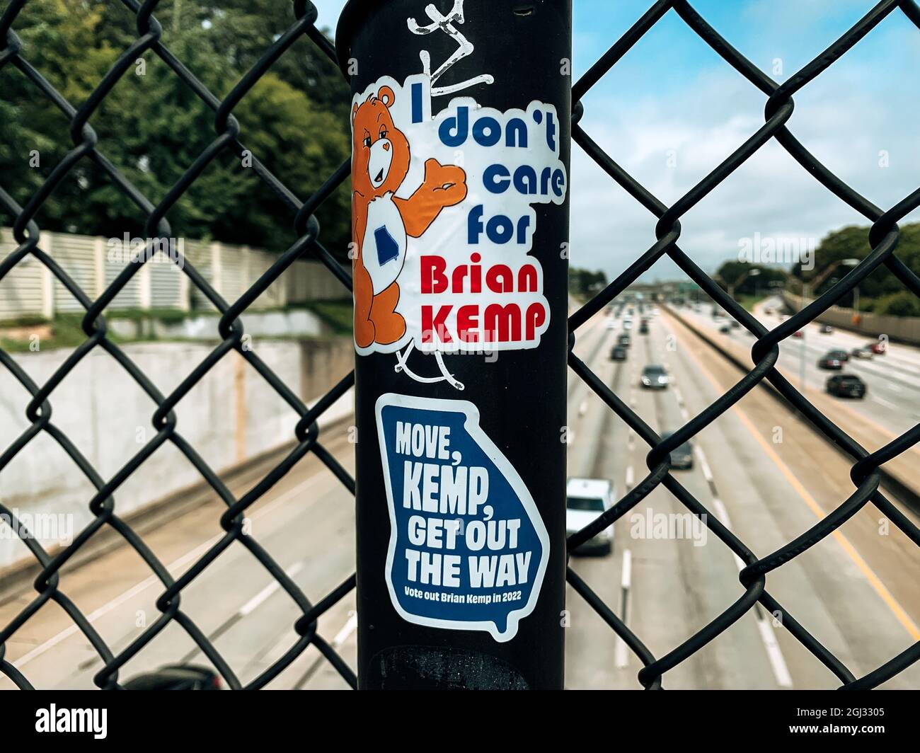 ATLANTA, UNITED STATES - Aug 18, 2021: Anti Brian Kemp stickers encouraging Georgia voters to vote him out in the next election for Governor Stock Photo