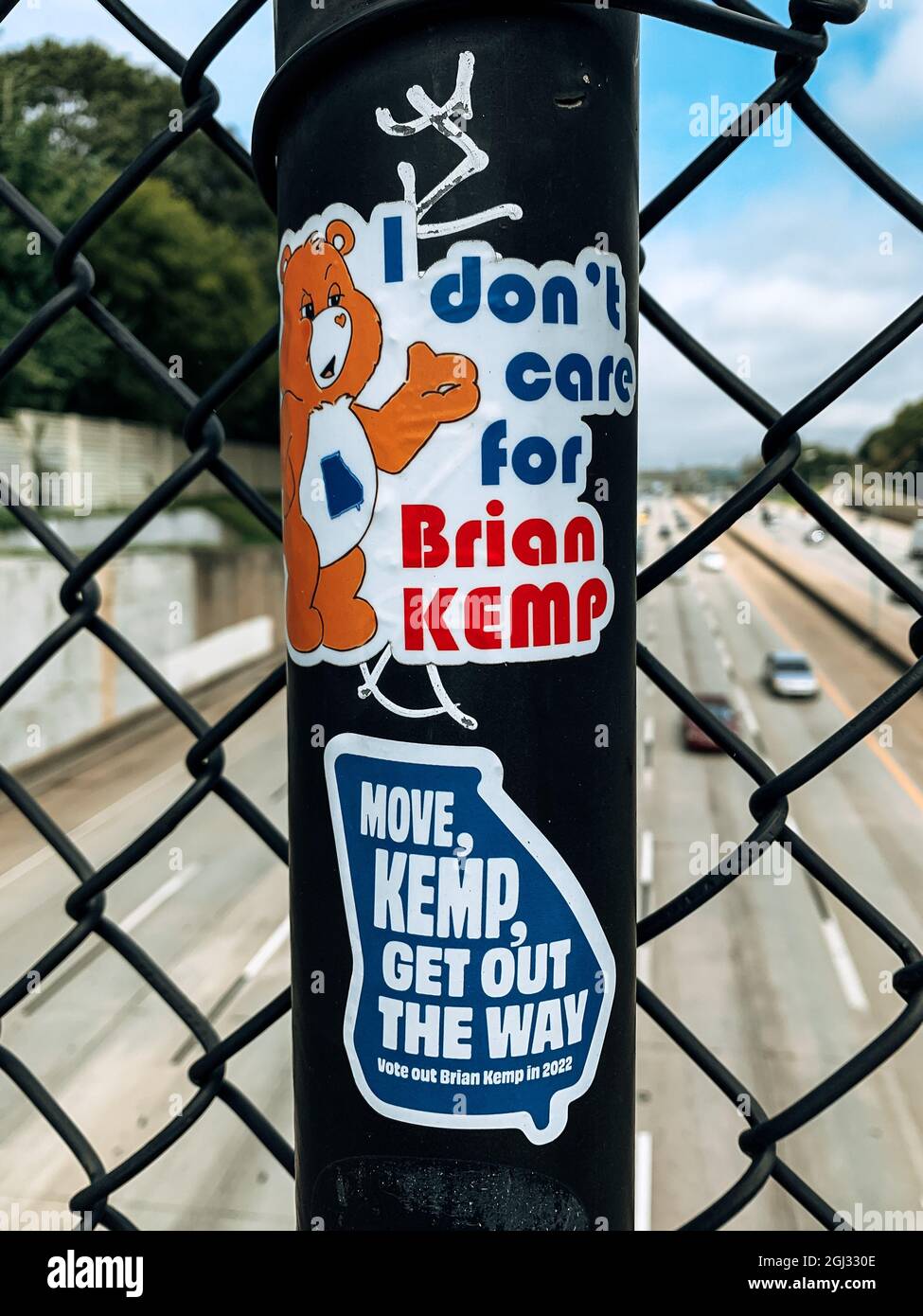 ATLANTA, UNITED STATES - Aug 18, 2021: Anti Brian Kemp stickers encouraging Georgia voters to vote him out in the next election for Governor Stock Photo