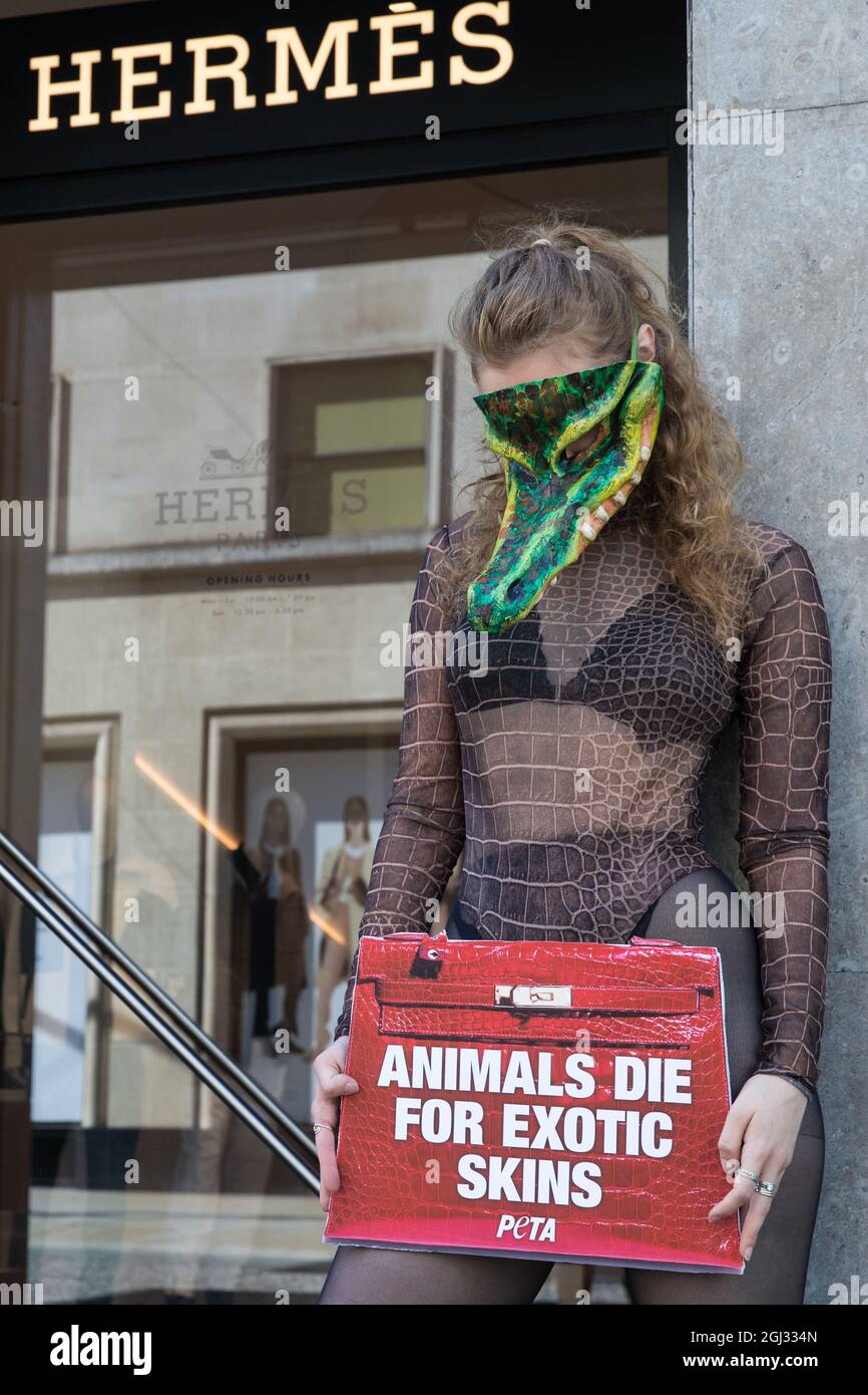 London, UK. 8th September, 2021. A PETA supporter wearing a Venetian crocodile mask poses outside the Hermès store in New Bond Street in protest against the luxury fashion house's use of exotic skins. PETA's campaign was launched following the release of video footage by Kindness Project showing crocodiles being mutilated, electrocuted, stabbed and shot on farms in Australia with ties to Hermès and PETA are calling on the fashion brand to cease using exotic skins for their products. Credit: Mark Kerrison/Alamy Live News Stock Photo