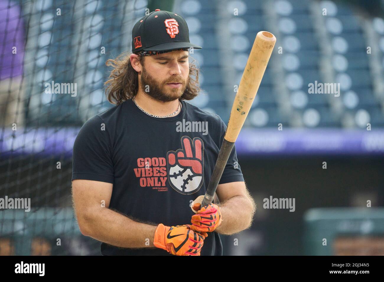 Denver CO, USA. 24th Sep, 2021. San Francisco shortstop Brandon Crawford  (35) during batting practice before the game with San Francisco Giants and  Colorado Rockies held at Coors Field in Denver Co.