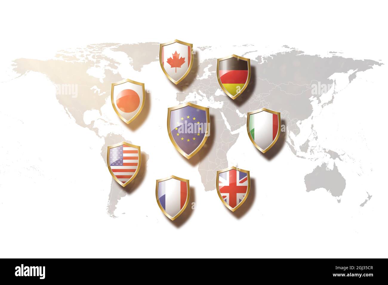 G7 countries flag in golden shield on world map background.european union Stock Photo