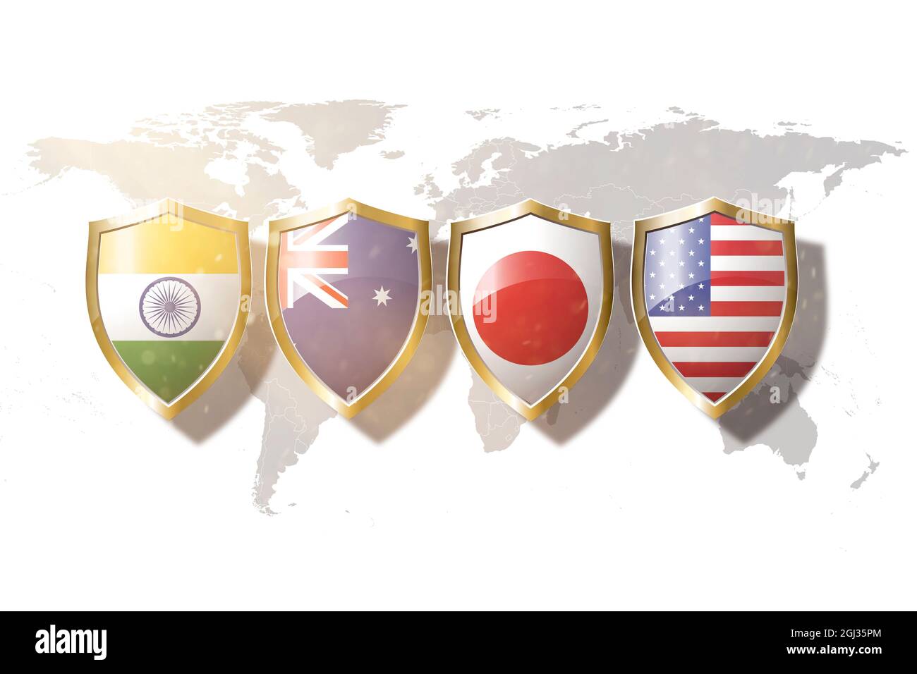 japan,australia,us and india flags in golden shield on world map background. Stock Photo
