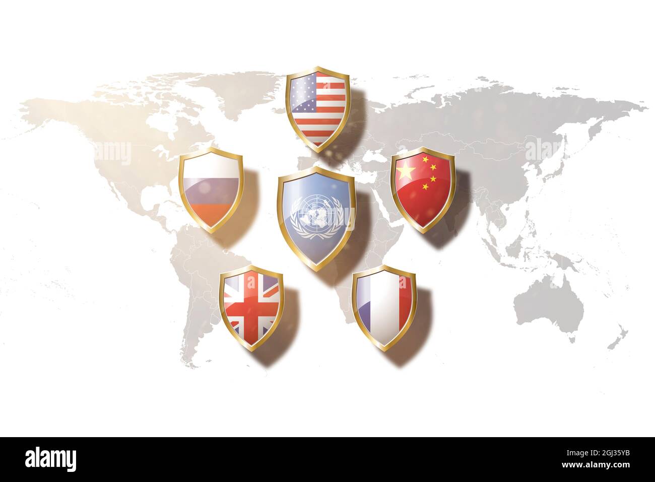 veto power countries flags in golden shield on world map background.United Nations. Stock Photo