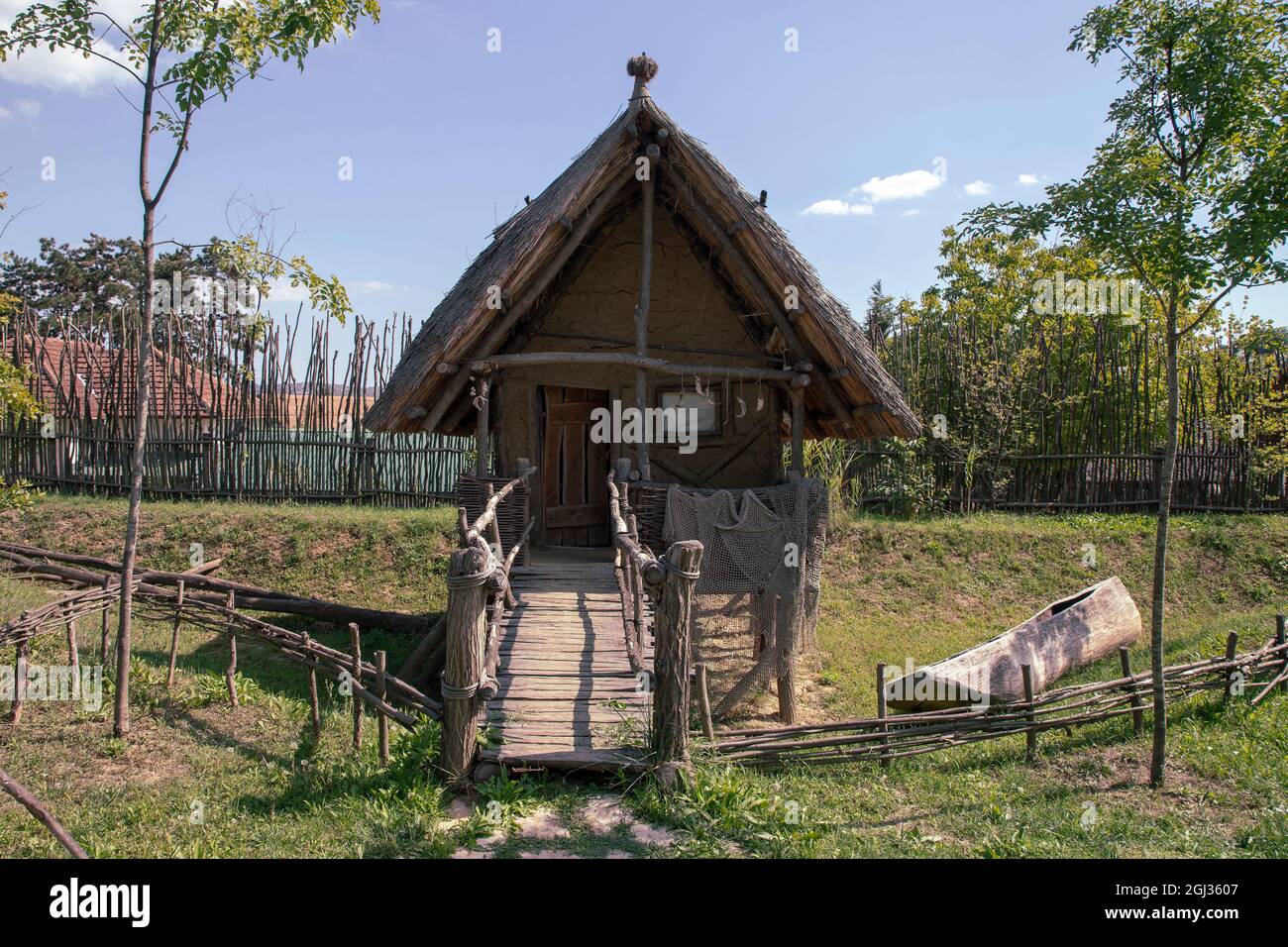 Radmilovac, Serbia - Reconstruction of a fishing hut from the late Neolithic Vinca culture Stock Photo