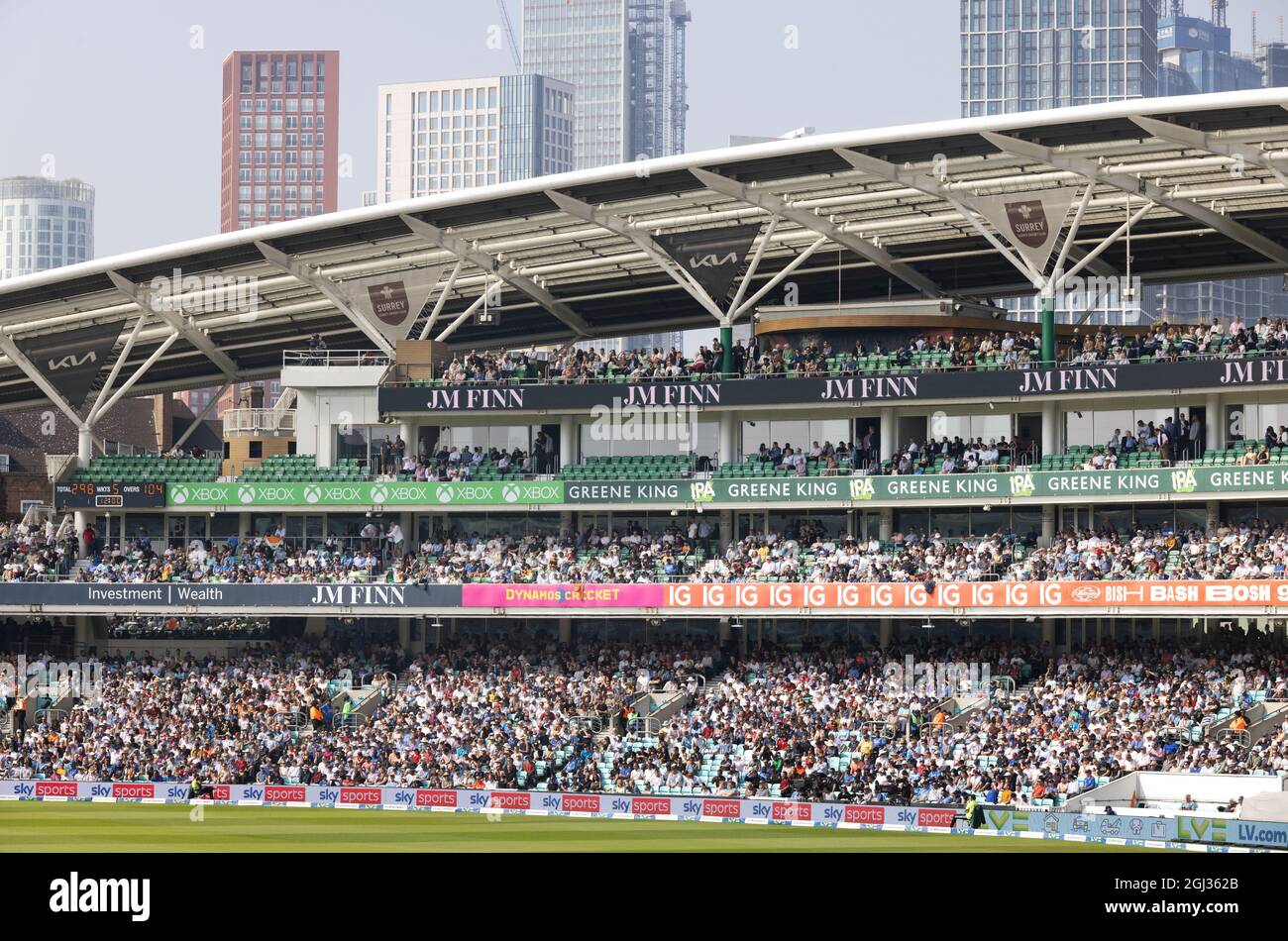 The JM Finn stand, with crowds,The Oval Cricket Ground, aka the Kia Oval, home of Surrey County Cricket Club, Kennington London UK Stock Photo