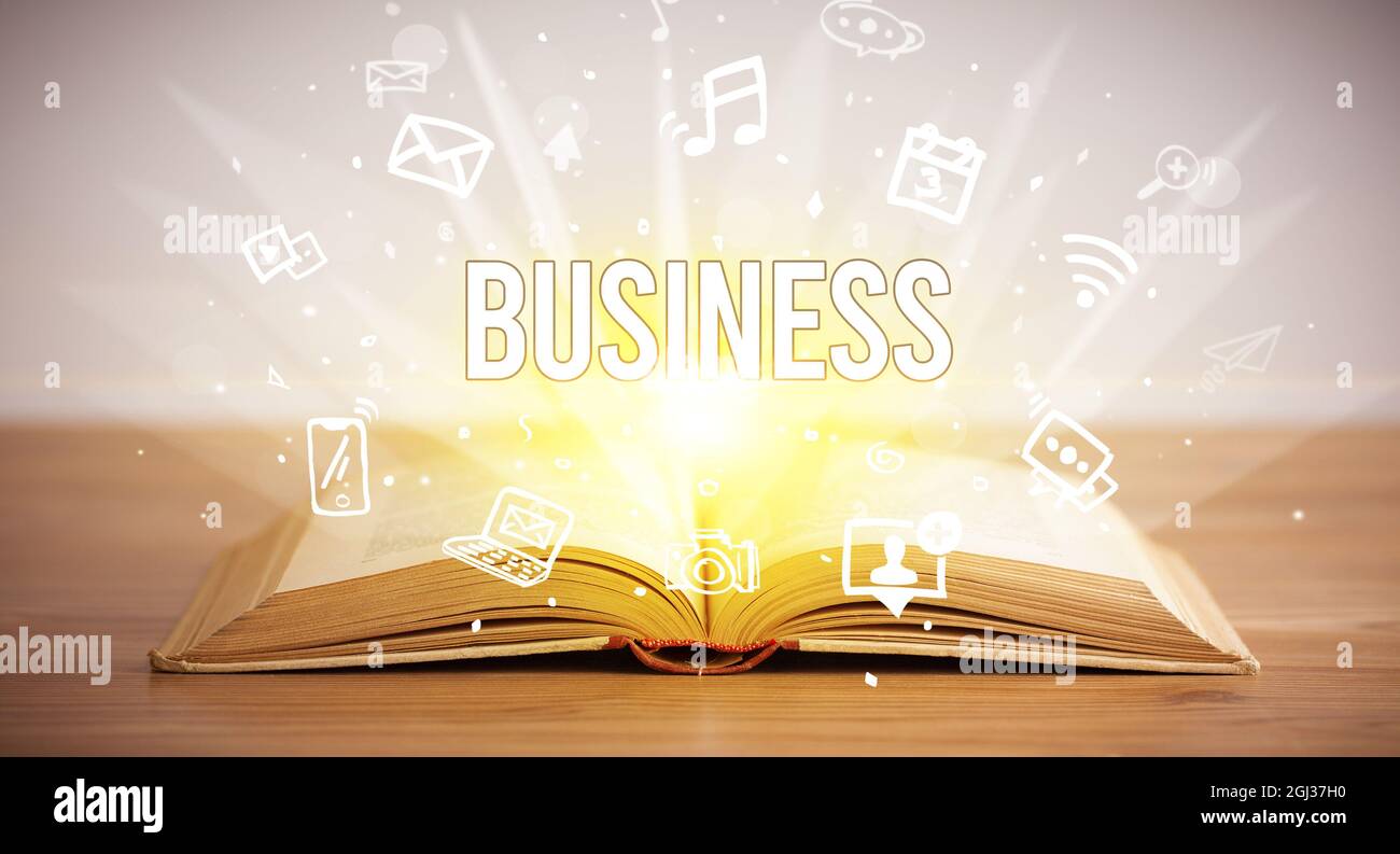 Business Book Inscriptions Examples open book with business inscription Stock Photo - Alamy