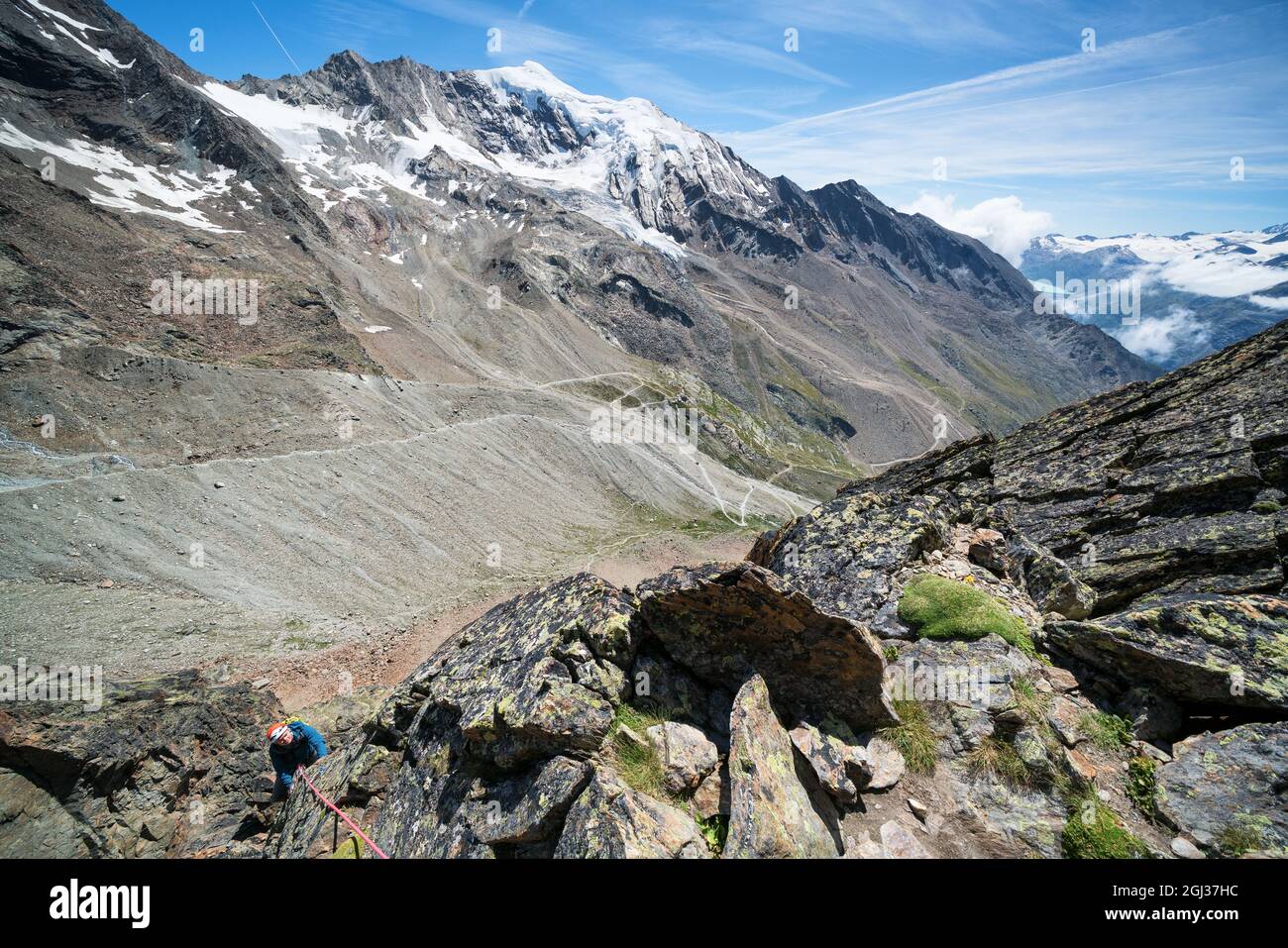 Rock climbing Jegihorn mountain, Saas-Grund, Switzerland Stock Photo