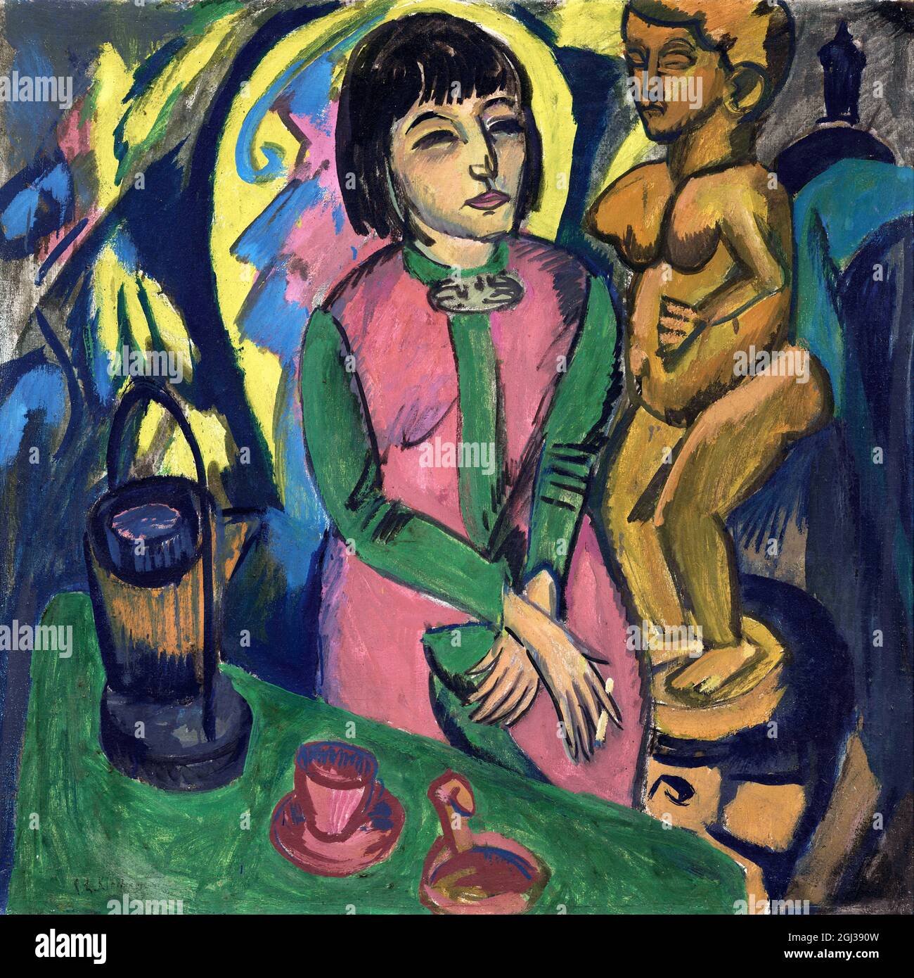 Seated Woman with Wood Sculpture by Ernst Ludwig Kirchner (1880-1938), oil on canvas, 1912 Stock Photo