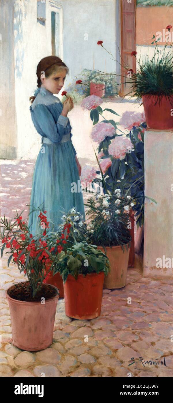 The Girl with Carnation (Teresa Mirabent Planas) by Santiago Rusiñol i Prats (1861-1931), oil on canvas, 1893 Stock Photo