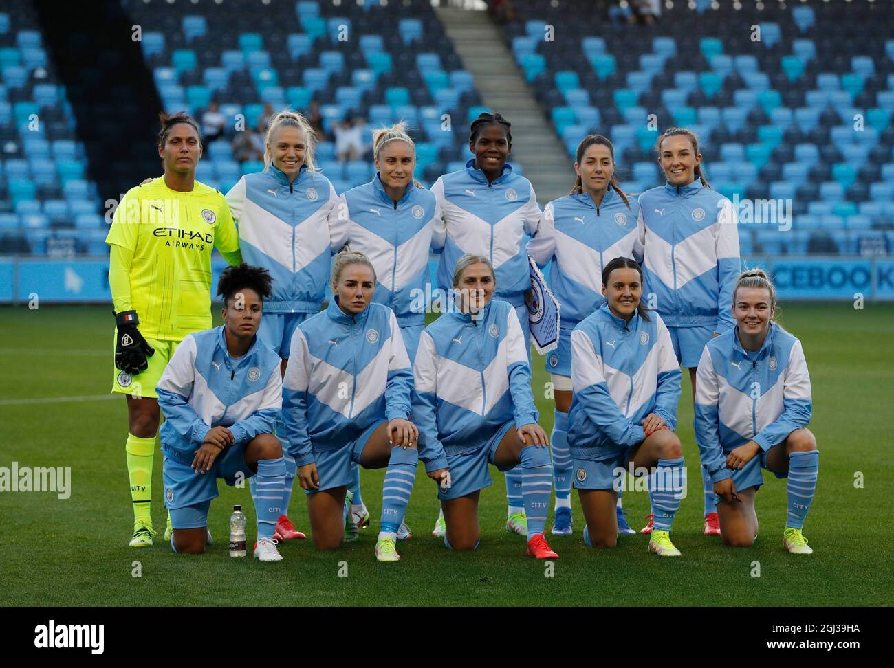 Manchester, England, 8th September 2021. Manchester City women’s team pose for a team photography before  the UEFA Women’s Champions League match at the Academy Stadium, Manchester. Picture credit should read: Darren Staples / Sportimage Credit: Sportimage/Alamy Live News Stock Photo