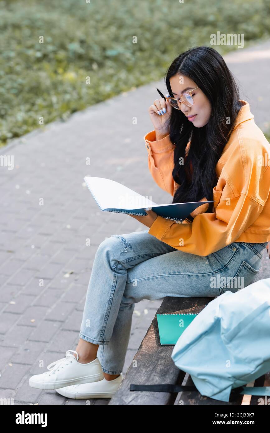 asian student looking in notebook while sitting on bench in park Stock ...