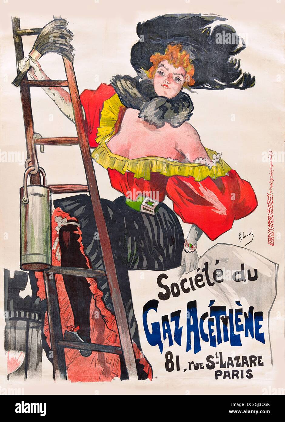 Click On Vintage French Acetylene Lamp Company poster - Poster gluer burlesque girl, 1890s Stock Photo