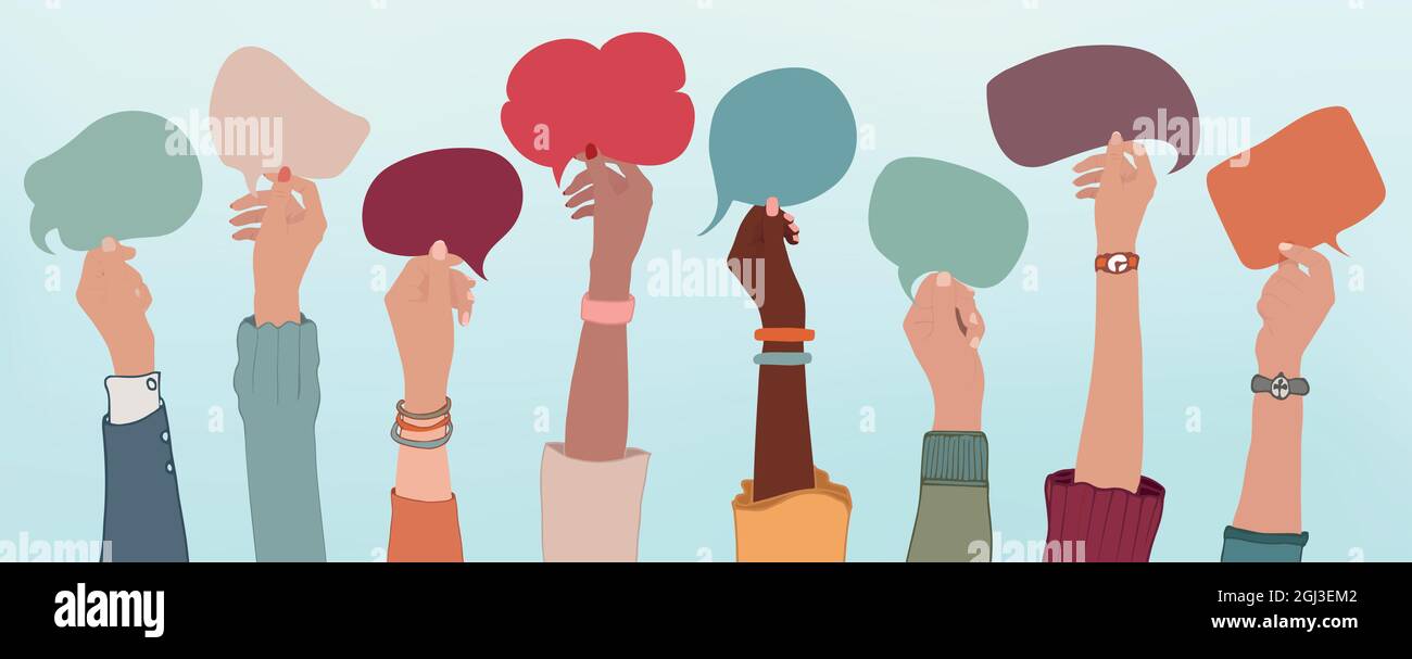 Group of multiethnic business people with raised arms holding speech bubble in hand. Colleagues from diverse races and cultures. Cooperate. Teamwork Stock Vector