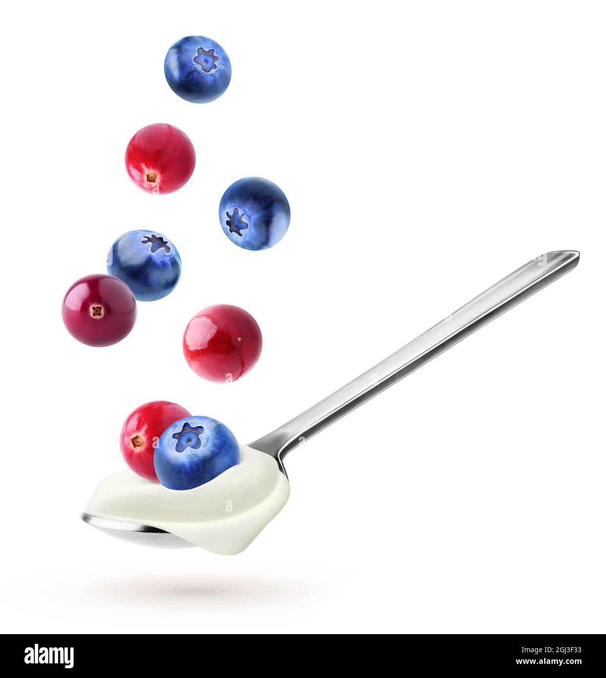 Isolated yogurt with fruits. Blueberries and cranberries flying over a spoon of greek yogurt solated on white background Stock Photo