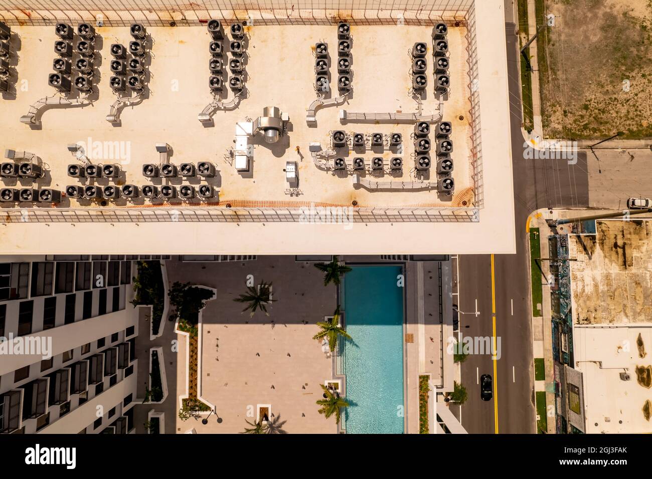 Aerial photo HVAC Air Conditioning systems on rooftops Miami FL USA
