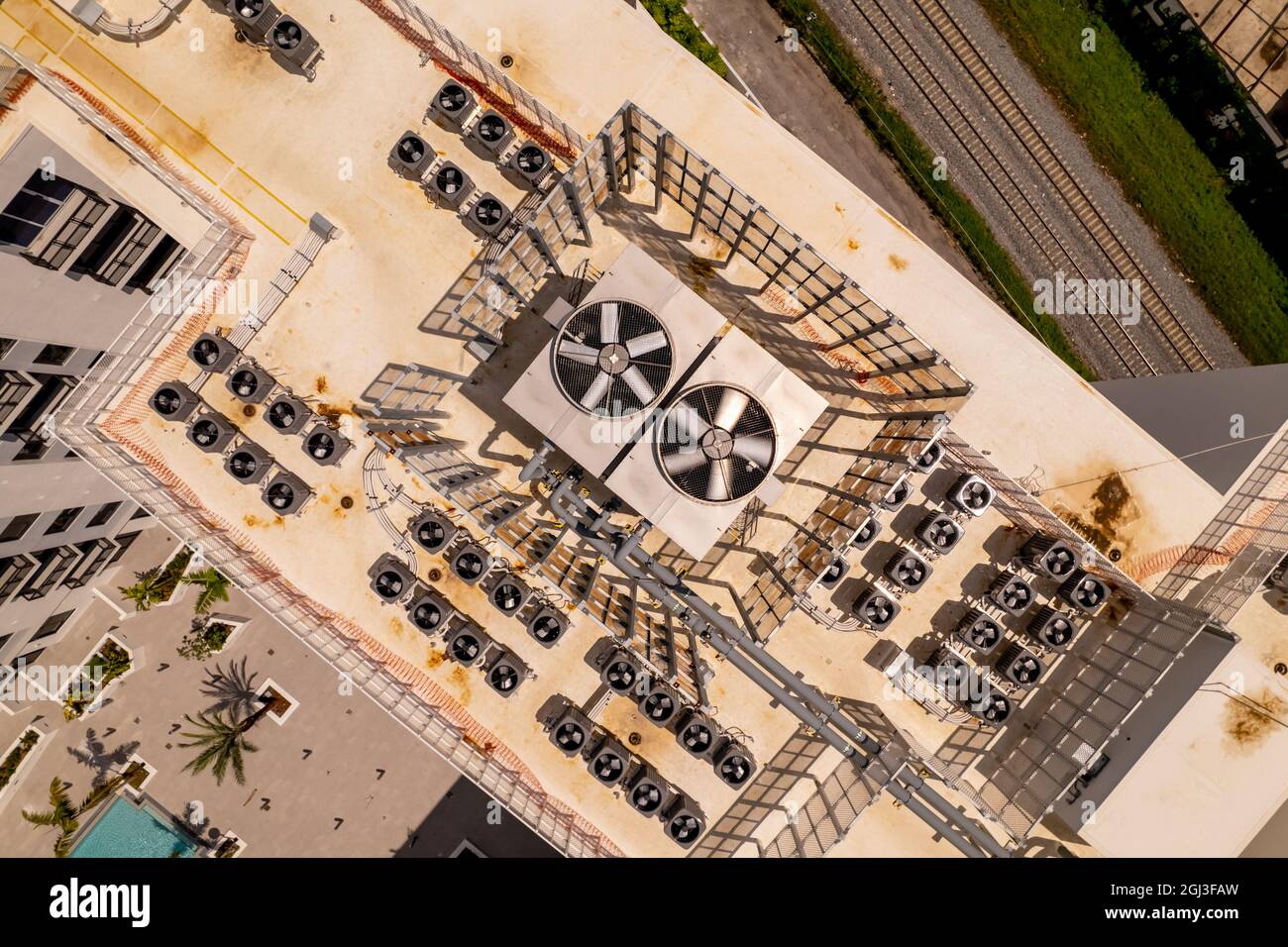 Aerial photo HVAC Air Conditioning systems on rooftops Miami FL USA