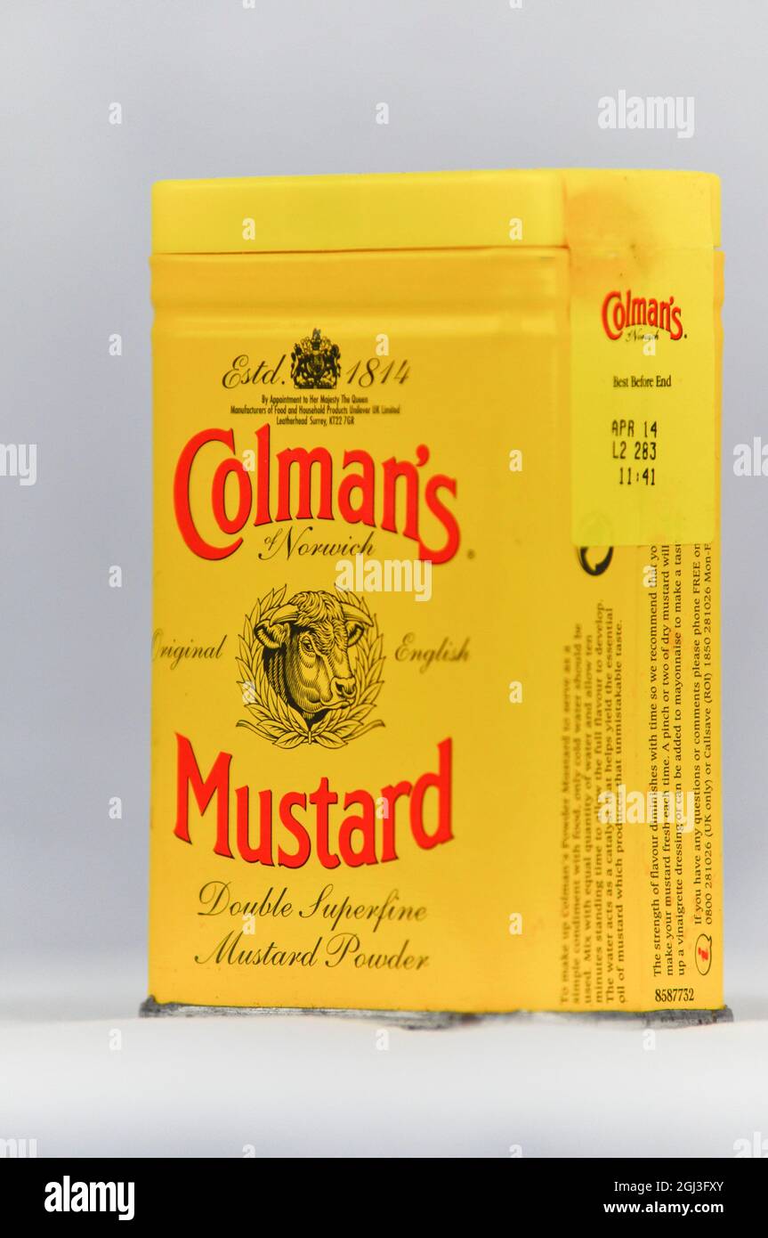 Colman's English Mustard tin arranged on a white background. Stock Photo