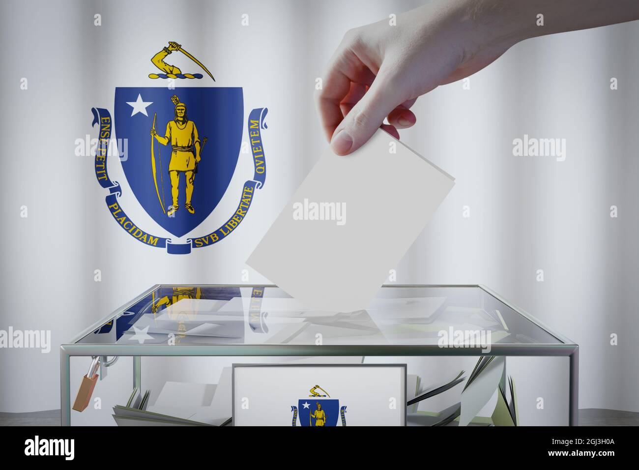 Massachusetts flag, hand dropping ballot card into a box - voting, election concept - 3D illustration Stock Photo
