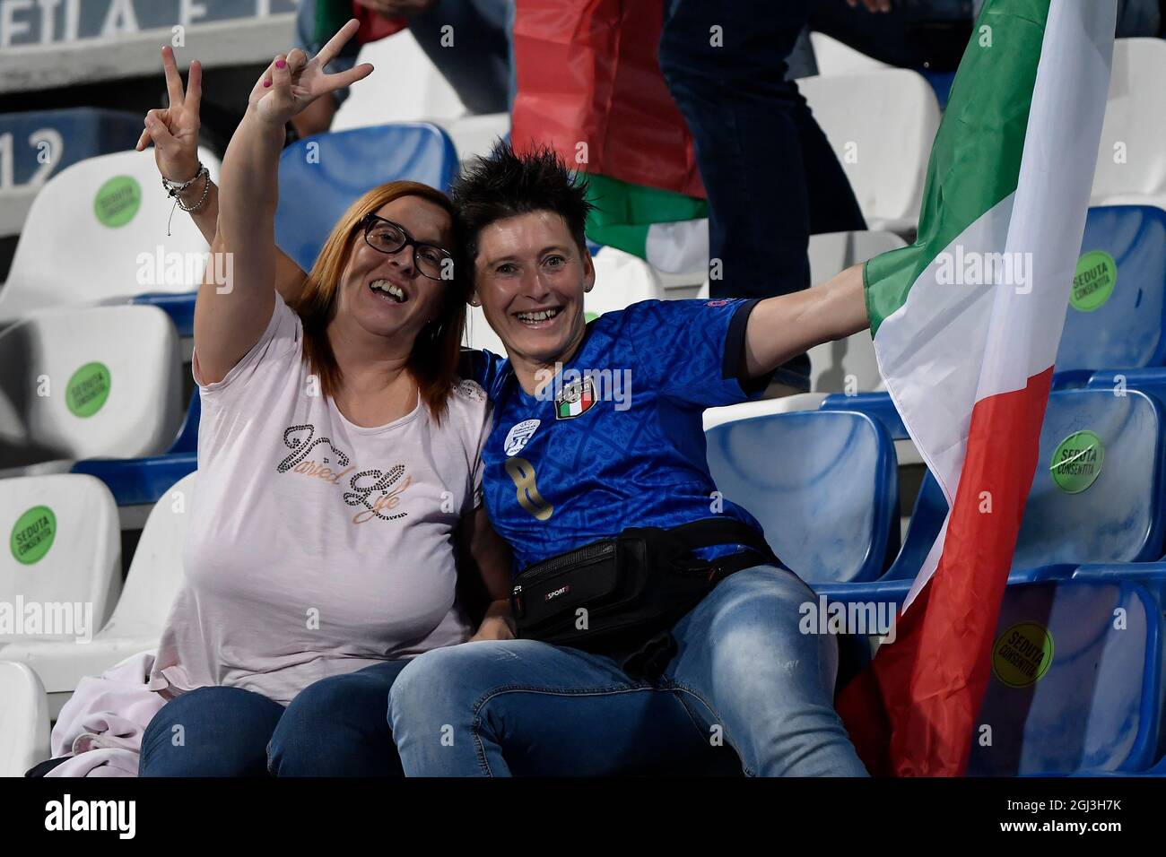 Reggio Emilia, Italy. 08th Sep, 2021. Italian fans cheer on during the  Qatar 2022 world cup qualifying football match between Italy and Lithuania  at Citta del tricolore stadium in Reggio Emilia (Italy),