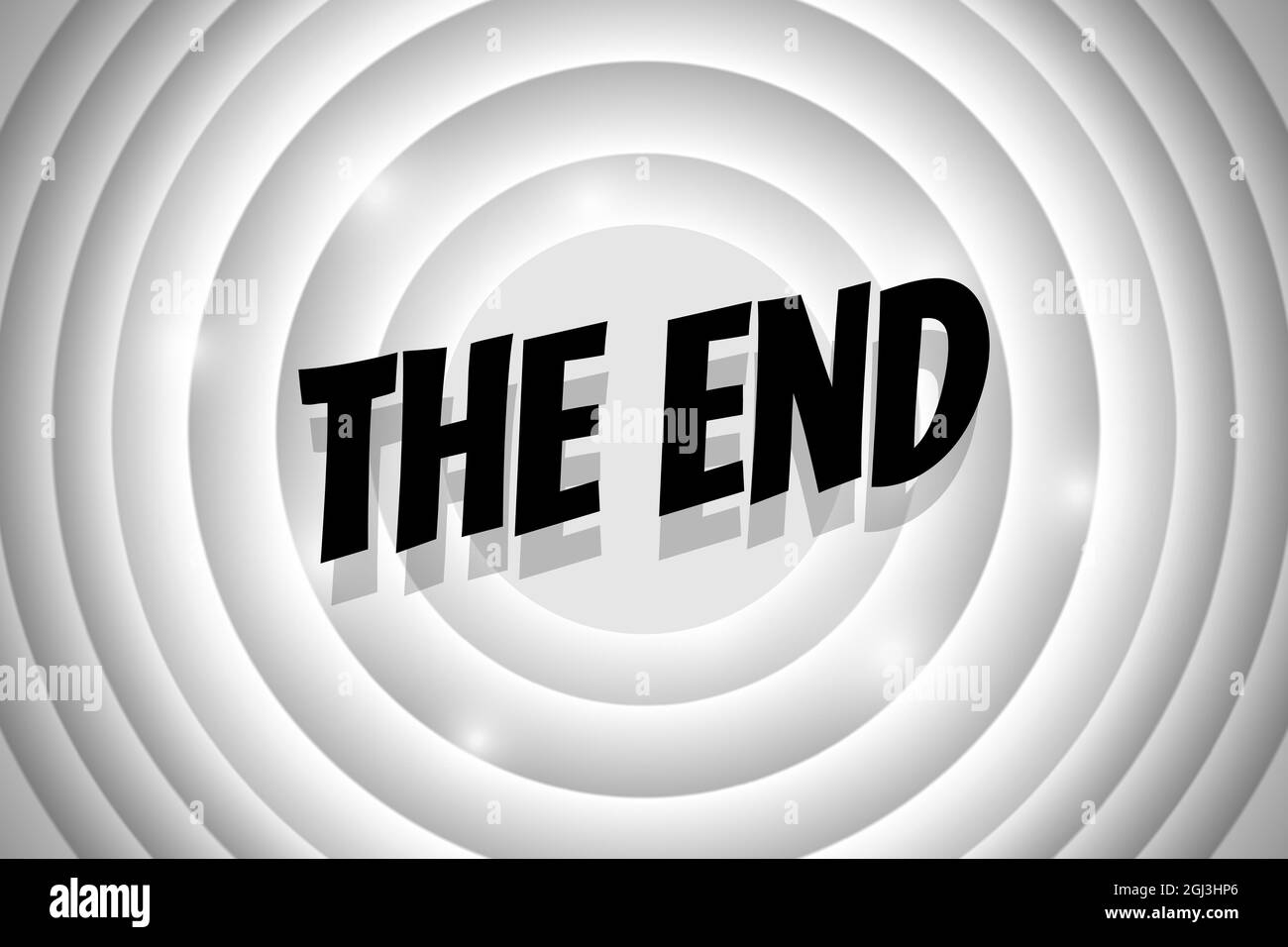 The End comic style text on white circle retro cinema screen. Black title on old silent movie ending background. Promotion message noir banner. Vector eps illustration Stock Vector