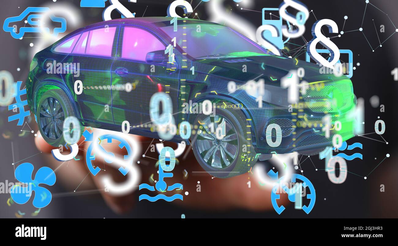 3D rendering of a car with different symbols surrounding it with a ...