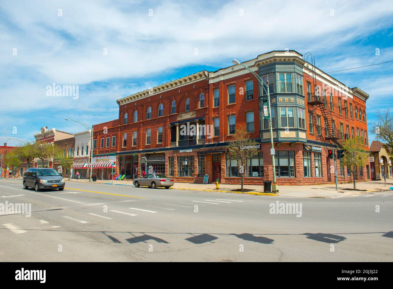 Historic sandstone and brick commercial buildings with Italianate style on Market Street at Main