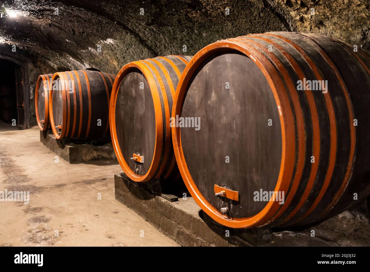 wine cellars with barrels near Eger, Hungary Stock Photo Alamy