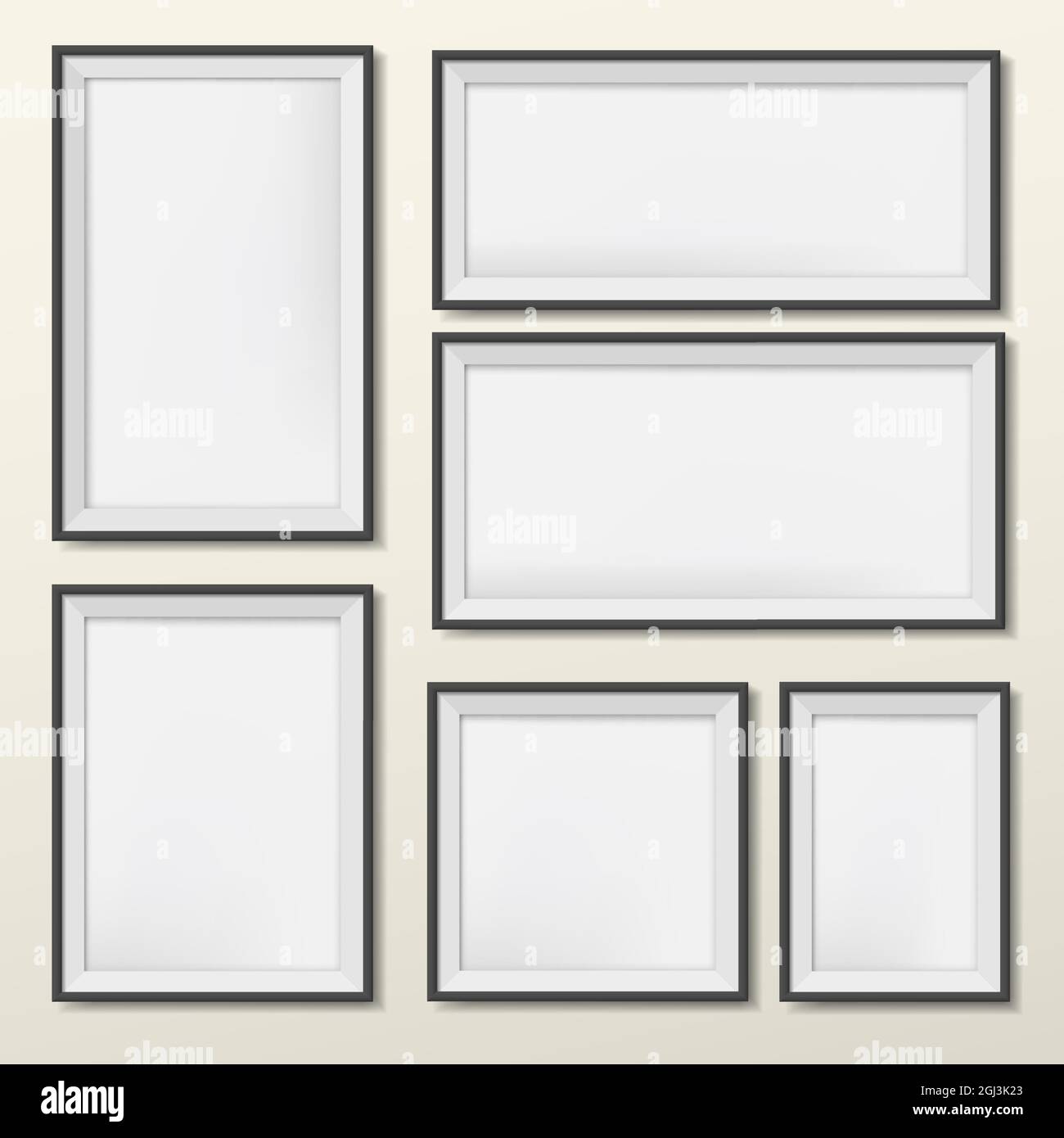 Blank and different size picture frames are on wall Stock Vector