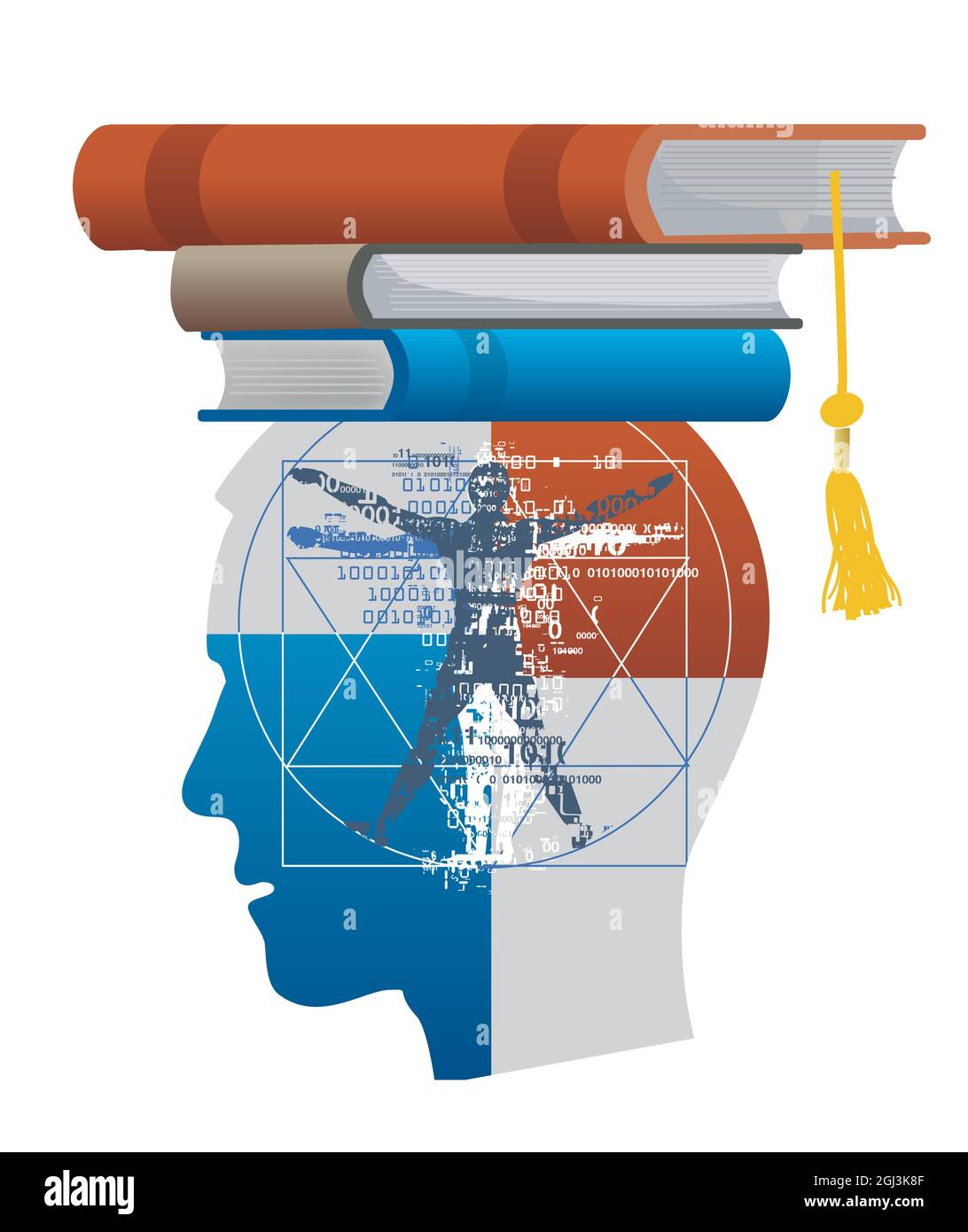 Student with vitruvian man inside head. Stylized male head silhouette books on the head symbolizing mortarboard. Vector available. Stock Vector