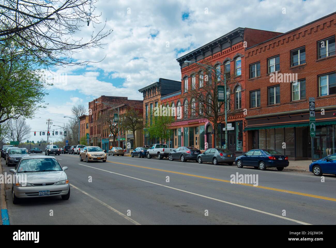 Historic sandstone and brick commercial buildings with Italianate style