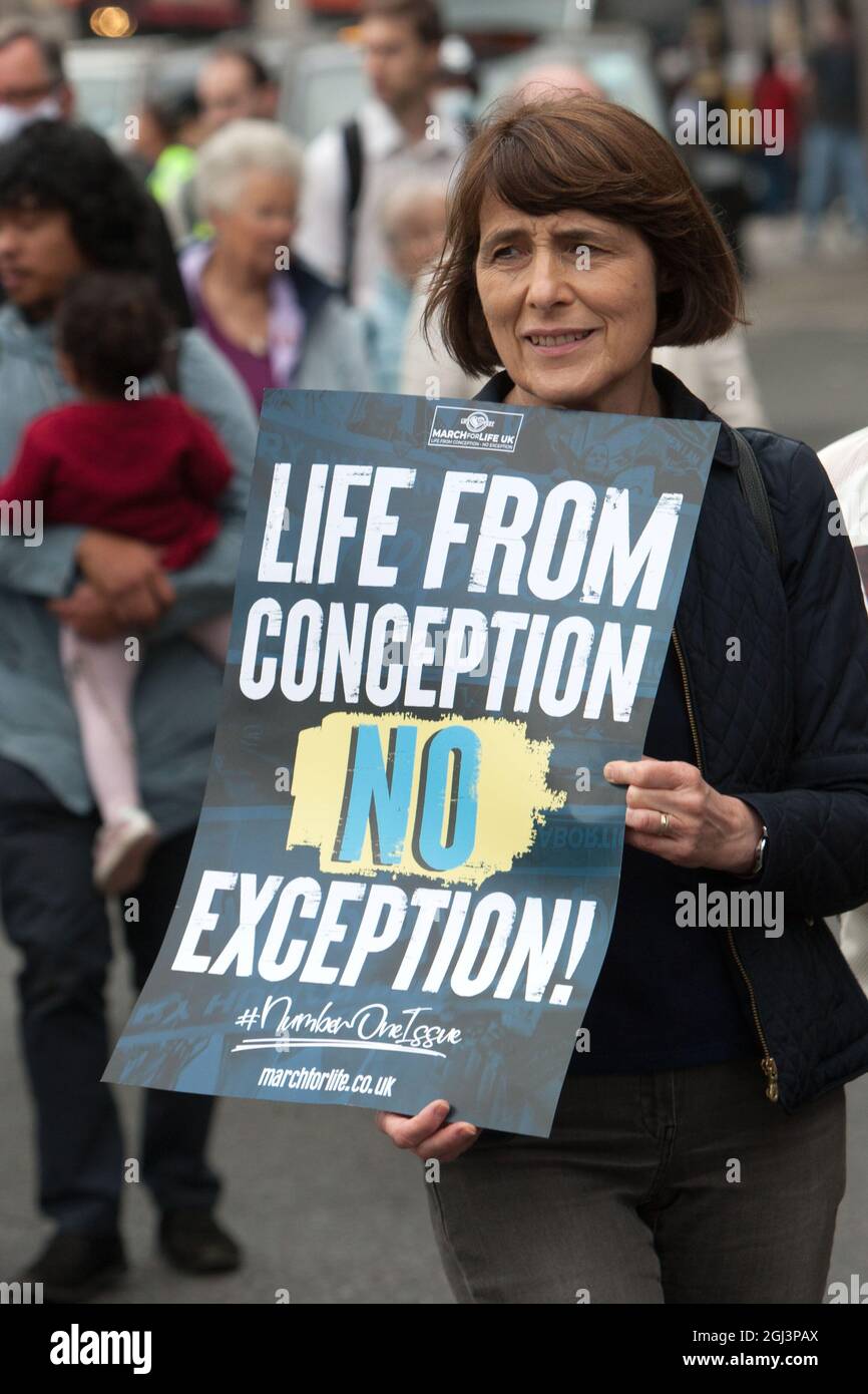 A Protester holds a placard and marches as thousands of pro-life supporters come together for the annual March for life UK. They are calling for an end to abortion as they believe life starts at conception. The march follows a ban on abortion for most women in Texas, USA at the beginning of September. (Photo by Martin Pope / SOPA Images/Sipa USA) Stock Photo