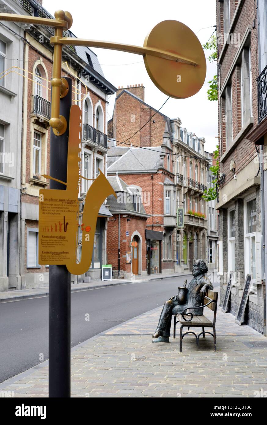 Dinant, Belgium sculpture of Adolphe Sax with explanation of a