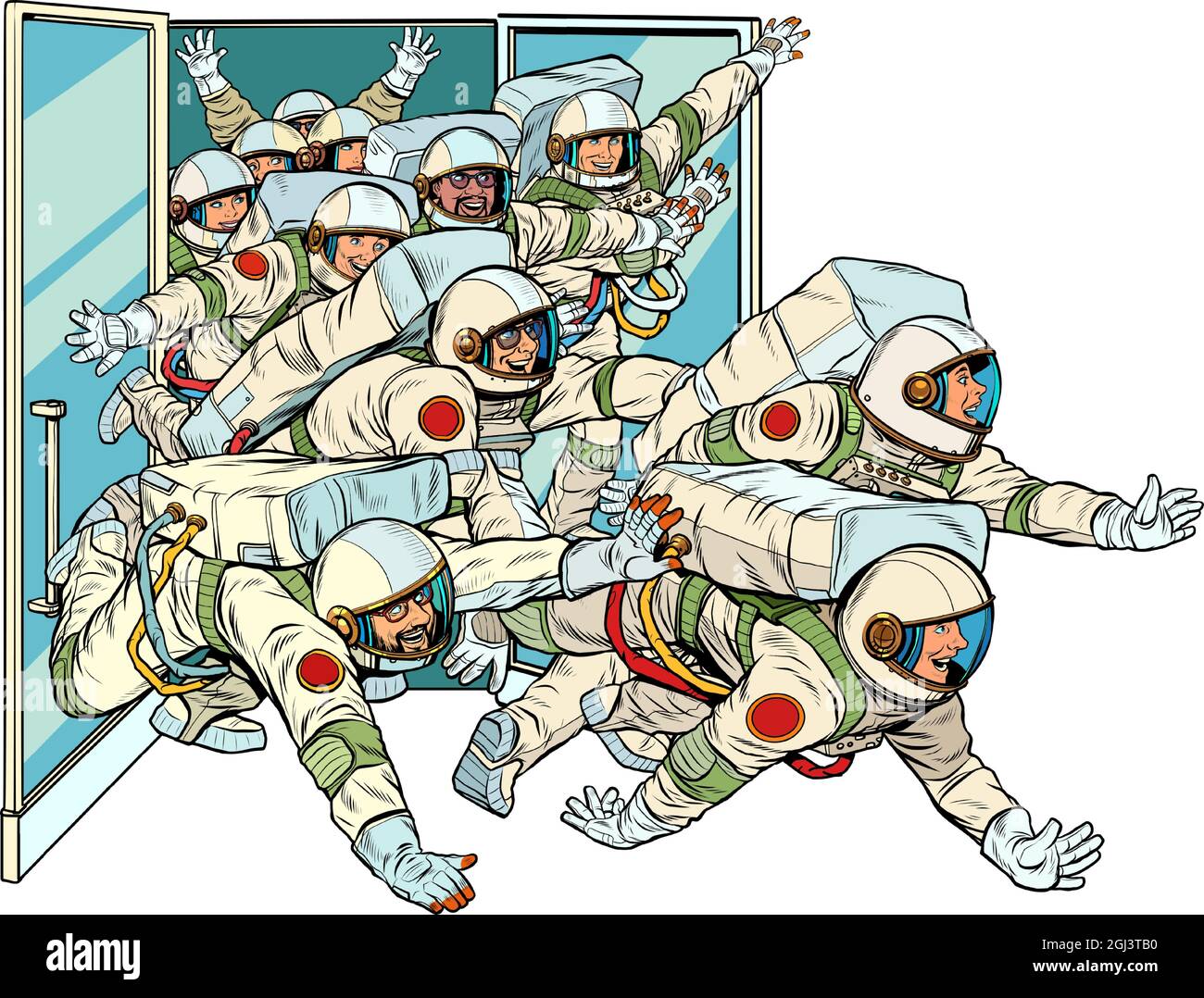Astronauts run out of the spacecraft. Mastering the stars Stock Vector