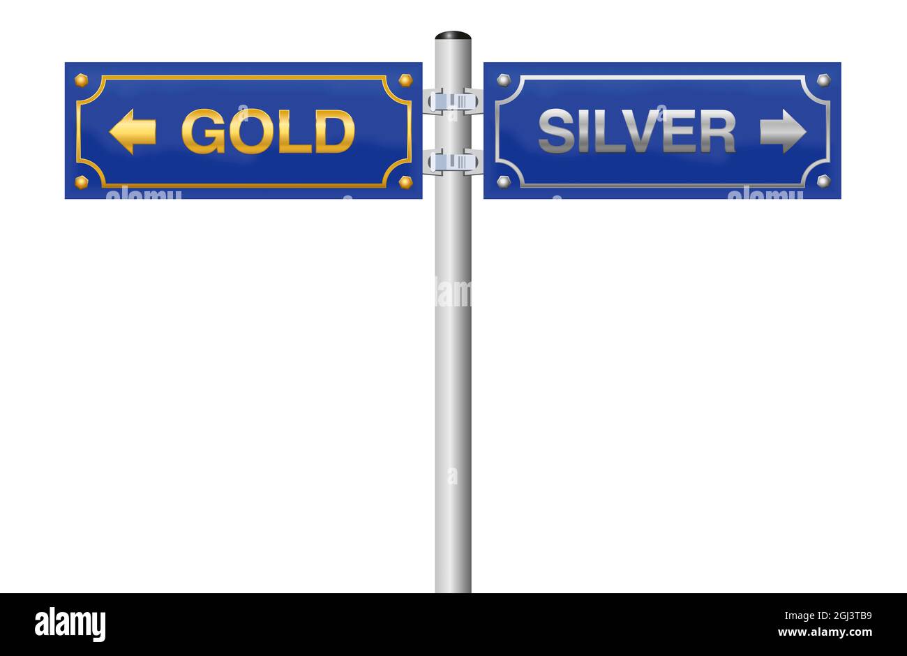 GOLD SILVER street sign, blue signpost - symbolic for decision to buy, sell or invest in gold or silver - illustration on white background. Stock Photo