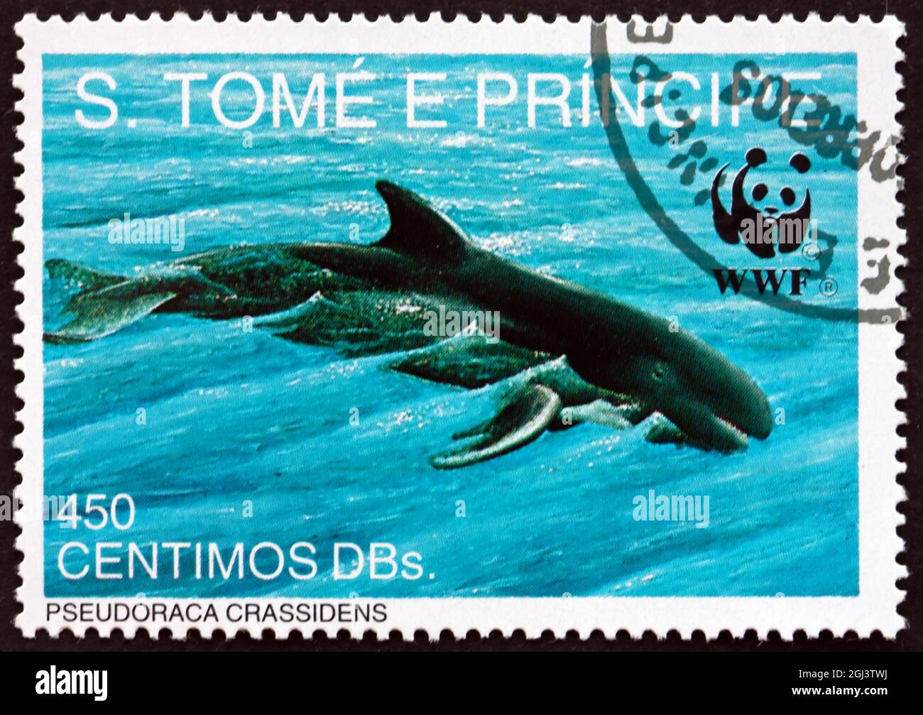 SAO TOME AND PRINIPE - CIRCA 1992: a stamp printed in Sao Tome and Principe shows False Killer Whale, Pseudoraca Crassidens, is a Member of the Dolphi Stock Photo
