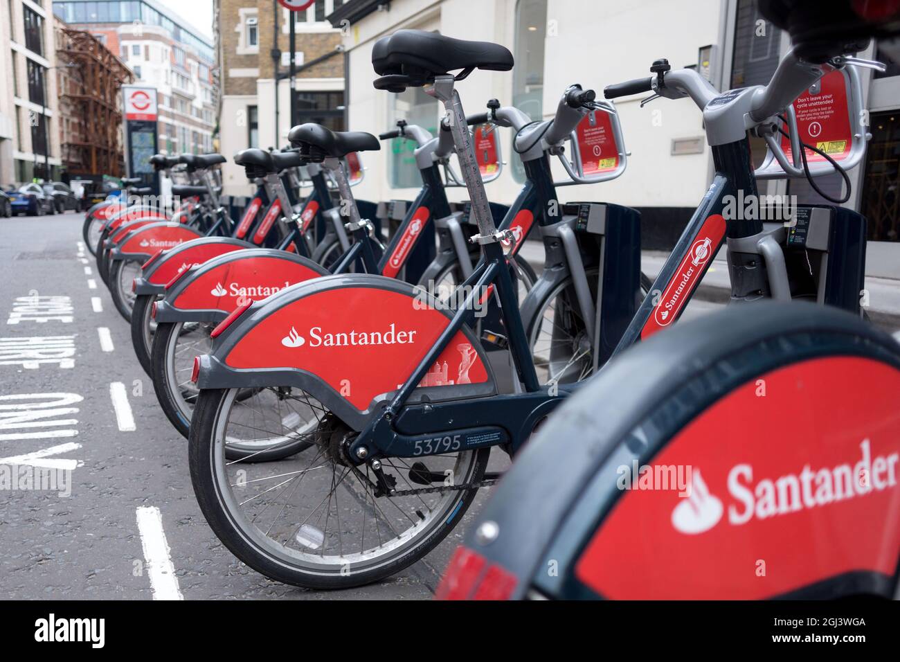 Santander Bikes seen docked at a docking station near Piccadilly Circus