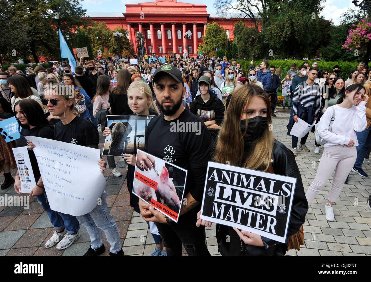 An animal protection activist holds a  placard reading 'Animal Lives Matter' during a rally in Kiev.A march for animal rights was held in Kiev, under the slogan 'Protecting the weak is the business of the strong' to draw the attention of the authorities to the need to protect animals. Animal rights activists demand a ban on hunting, animal testing of cosmetics and household chemicals, and the closure of petting zoos, fur farms and dolphinarium. (Photo by Sergei Chuzavkov / SOPA Images/Sipa USA) Stock Photo
