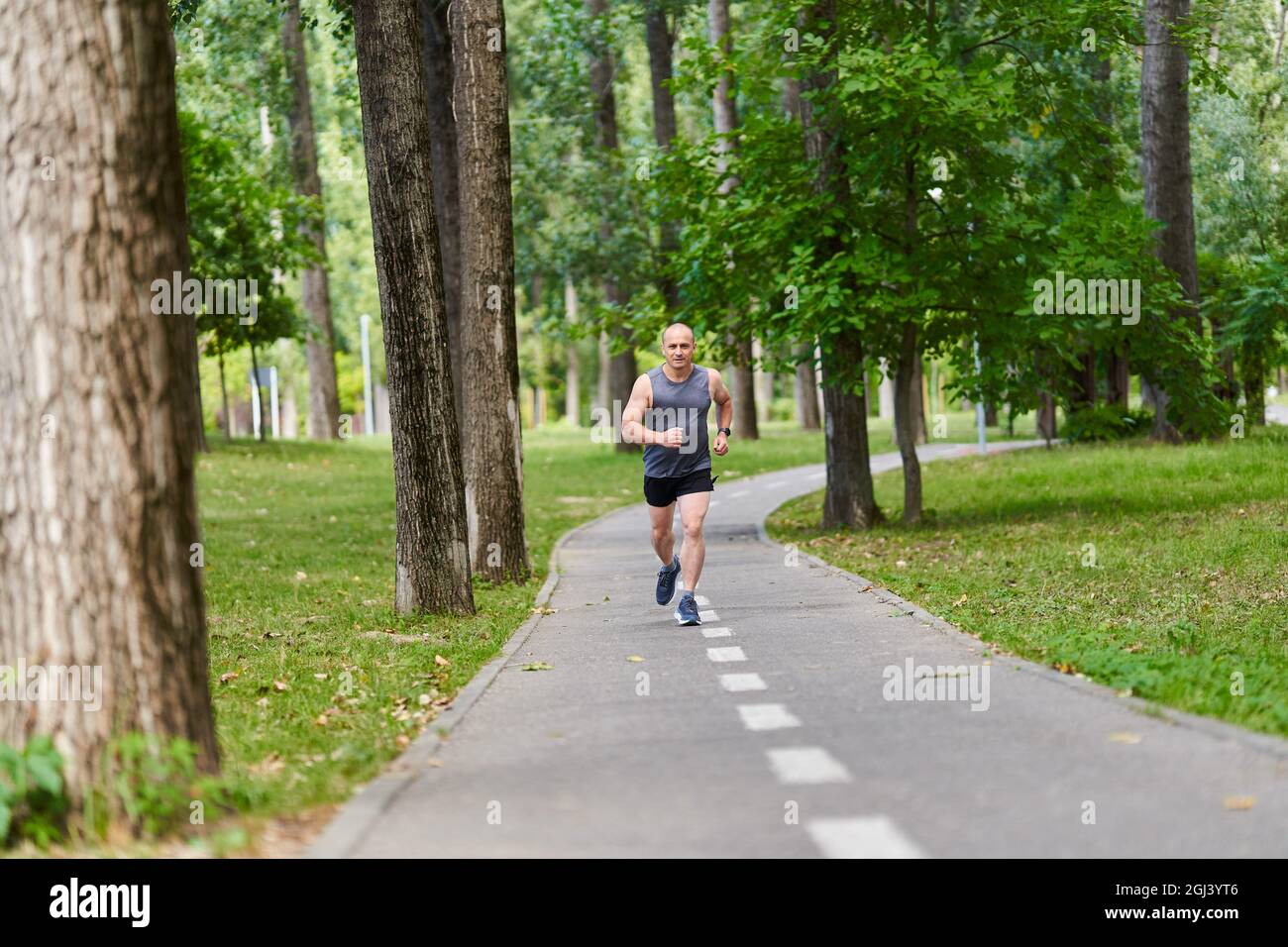 Athletic man long distance runner training in the park alleys Stock ...