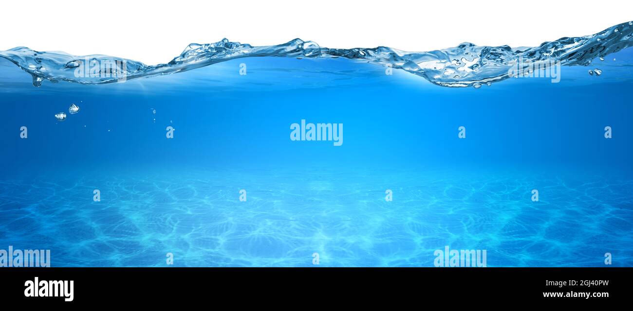 water wave underwater blue ocean swimming pool wide panorama background sandy sea bottom isolated on white background Stock Photo