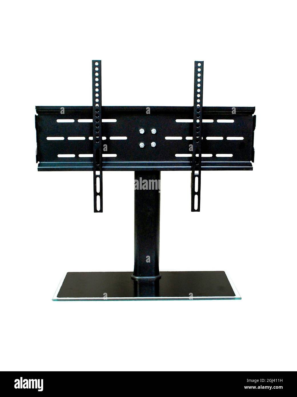 black modern metal LED tv stand base isolated on white background Stock  Photo - Alamy