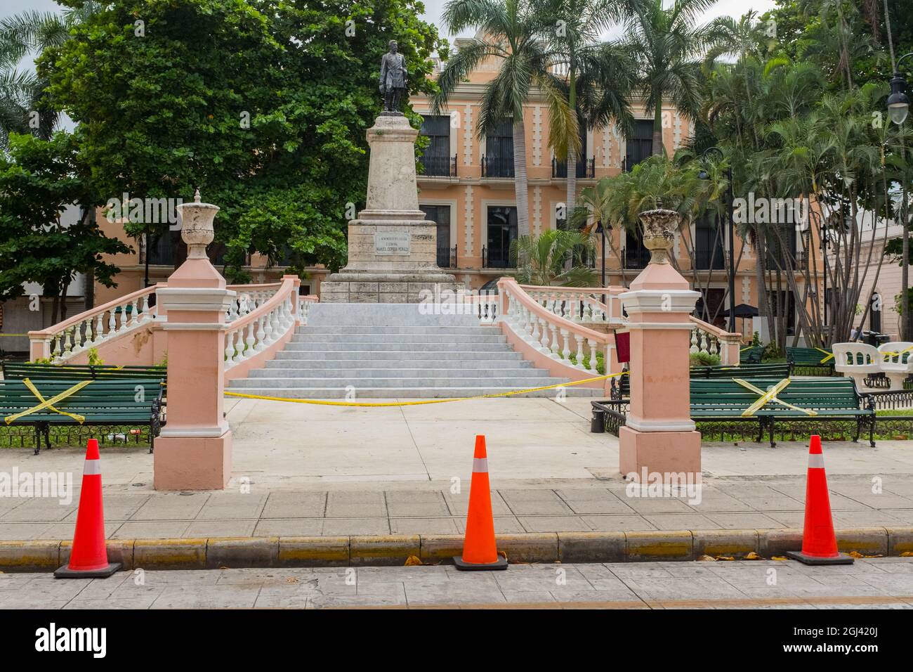 Closed public square, Covid-19 Pandemic, Merida Mexico Stock Photo