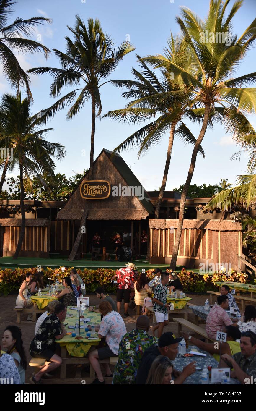 Oahu HI U.S.A. 6/6/2021. Germaine’s Luau.  Fine Polynesian dining, spirits and wine, beautiful beach and wonderful entertainment. Stock Photo