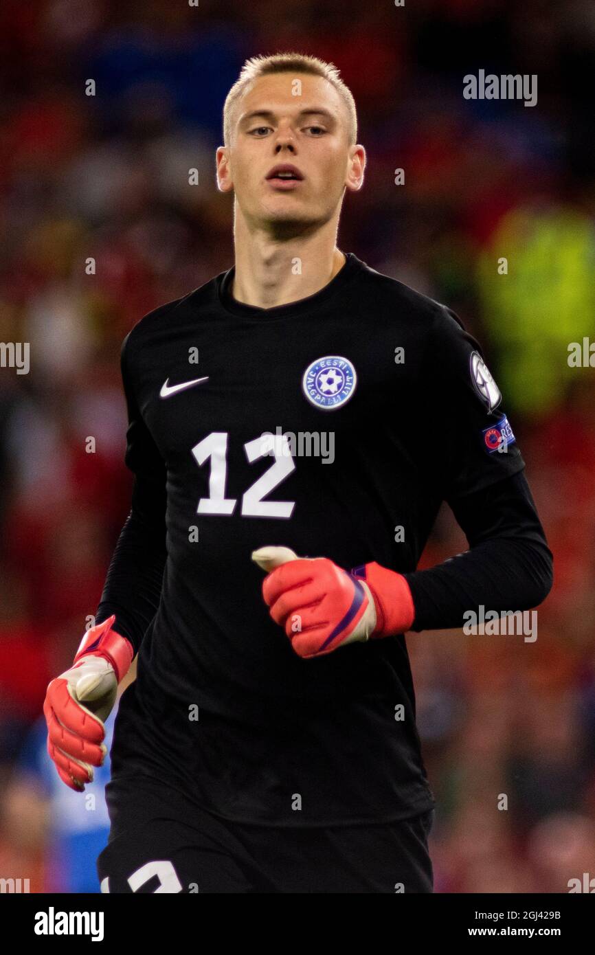 Cardiff, UK. 08th Sep, 2021. Estonia goalkeeper Karl Jakob Hein in action. Wales v Estonia in a 2022 FIFA World Cup Qualifier at the Cardiff City Stadium on the 8th September 2021. Credit: Lewis Mitchell/Alamy Live News Stock Photo