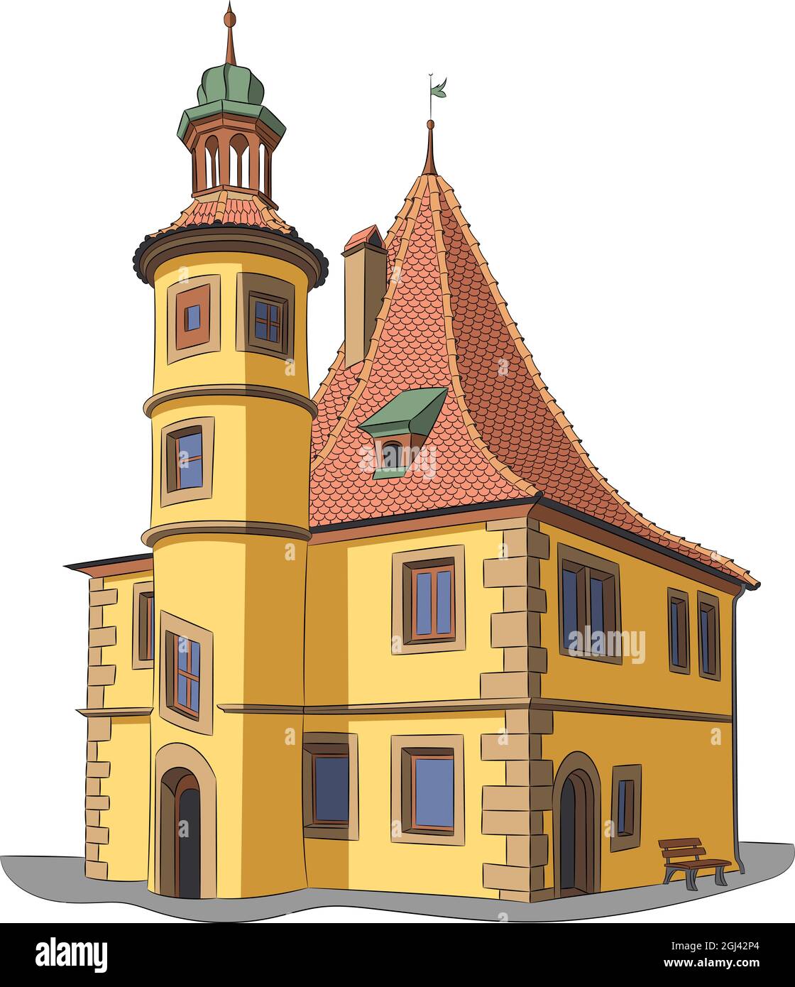 Vector illustration of a stone yellow Catholic church with a bell tower
